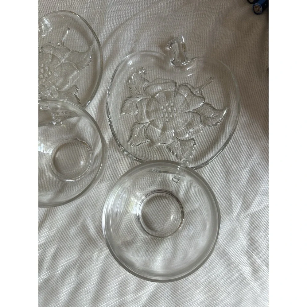 Clear Glass Apple-Shaped Floral Plates and Bowls 5 Piezas Pressed Set